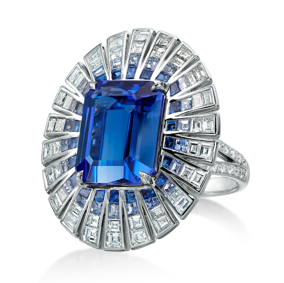 White Gold Tanzanite, Blue Sapphire, and Diamond Ring